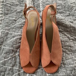 Seychelles sling back wedge style heels